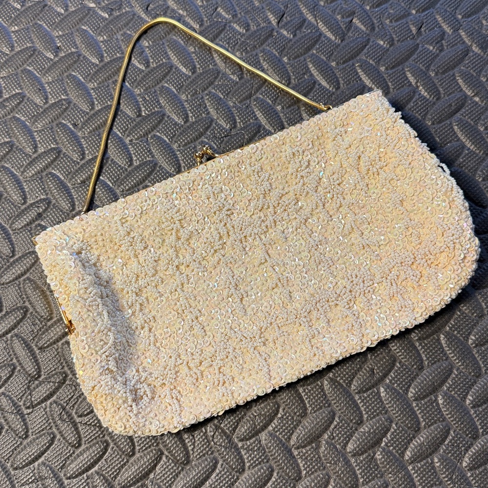 1960’s Vintage Cream Sequined Evening Bag Handmade For The Broadway